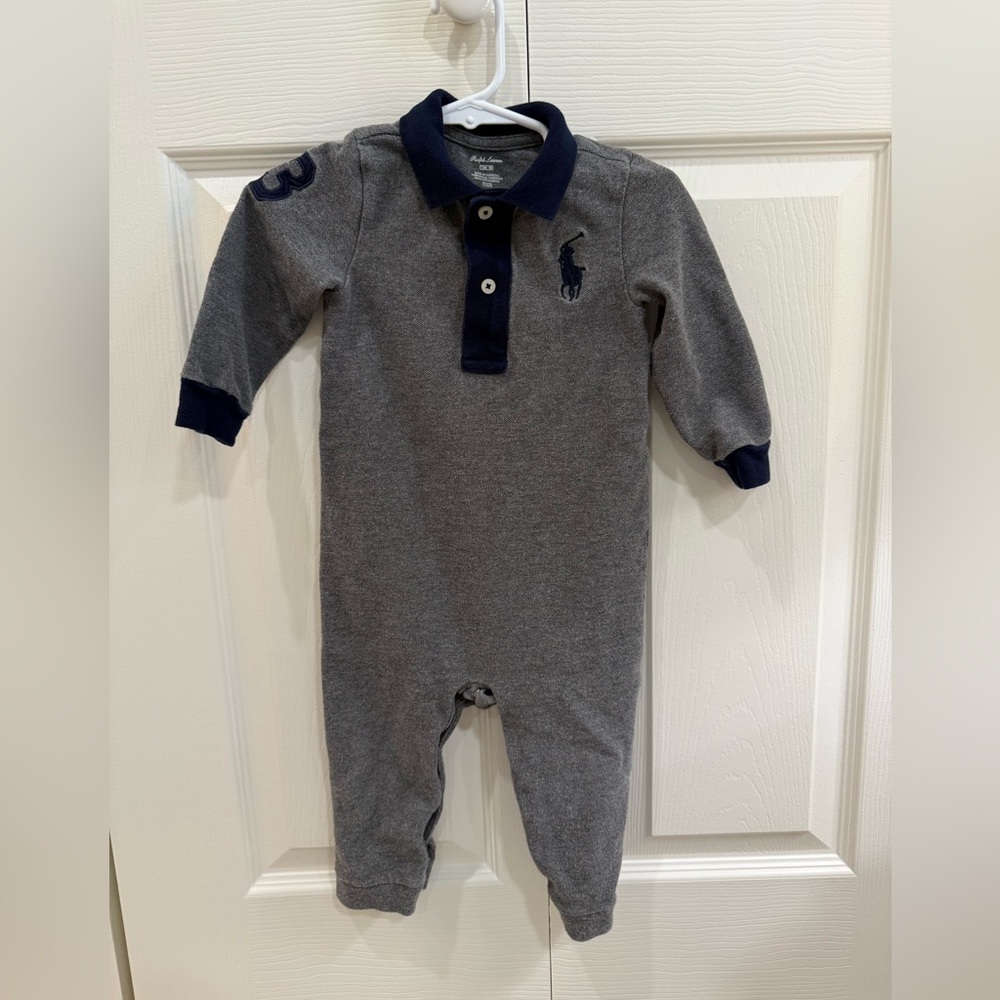 Ralph Lauren EUC Boys Grey and Navy Polo Pony Onesie Romper 12M